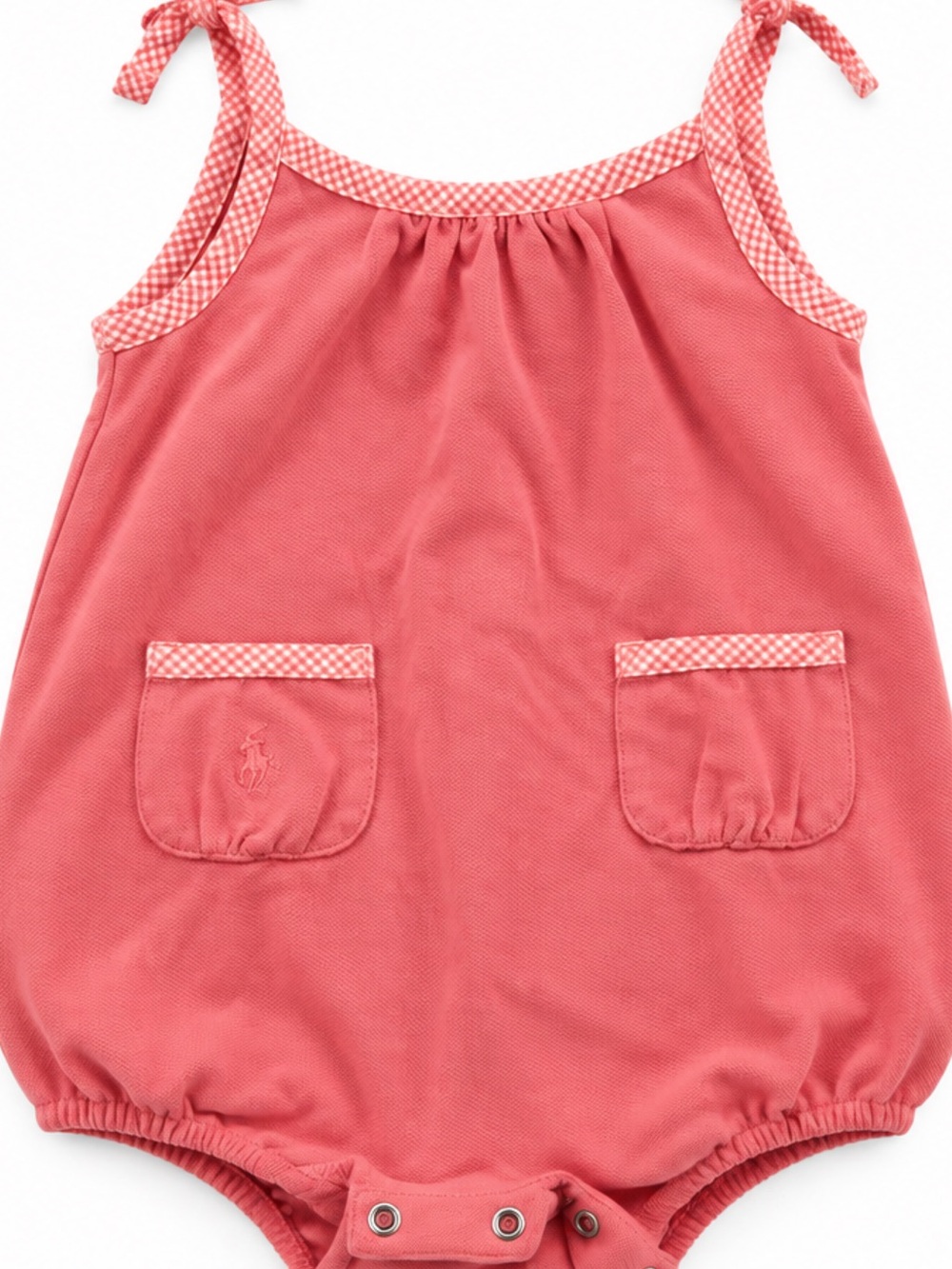 Ralph Lauren Coral Bubble Romper with Gingham Trim